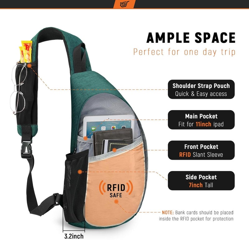 SKYSPER Sling Bag RFID Crossbody Sling Backpack Cross Body Shoulder Travel Bag Hiking Daypack for Women Men(Darkgreen) - Image 2